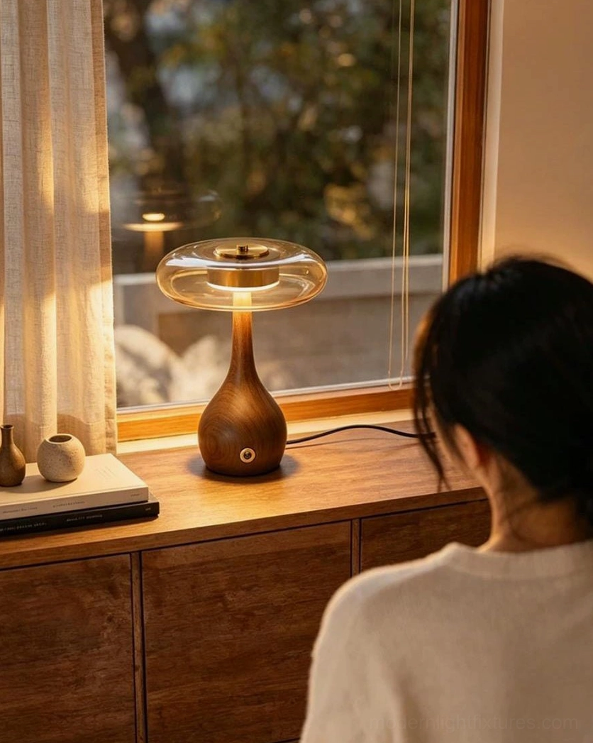 Walnora Amber Glass Donut Table Lamp — Mid-Century Modern Design, Walnut Wood Base with Brass Disc Top, Windowsill Display