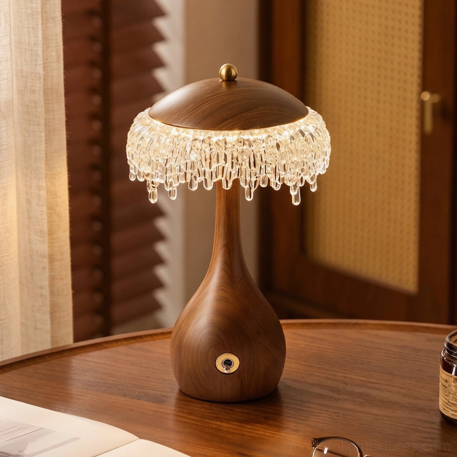 Walnora Ash Gourd Base Mushroom Table Lamp — Crystal-Look Acrylic Fringe, Walnut Finish, Wooden Shutter Interior Styling