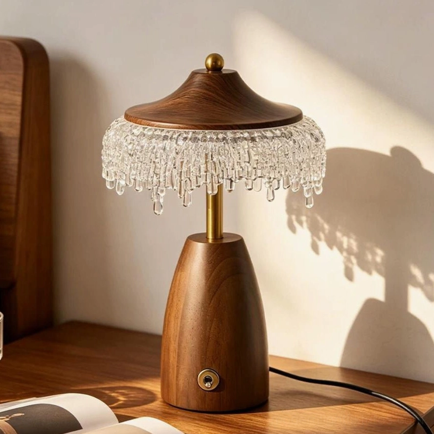 Walnora Mushroom Crystal-Fringe Table Lamp in Bedroom — 11 Inch Integrated LED Accent Light with Warm Glow and Wall Shadow