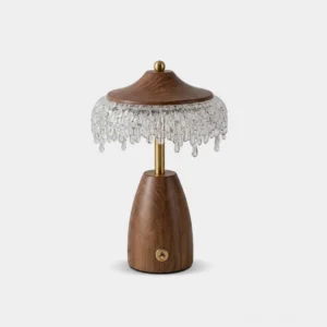 Walnora Mushroom Cap Accent Table Lamp with Acrylic Fringe — 11 Inch Walnut Wood with Integrated LED, Front Studio View