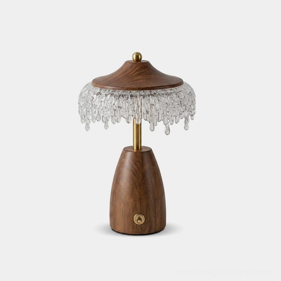 Walnora Mushroom Cap Accent Table Lamp with Acrylic Fringe — 11 Inch Walnut Wood with Integrated LED, Front Studio View