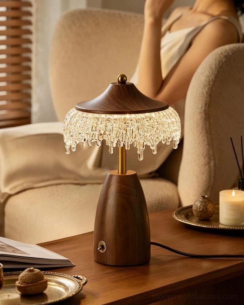 Walnora Mushroom Table Lamp on Console — Home Decor Styling with Candle and Snack Tray, Walnut Finish