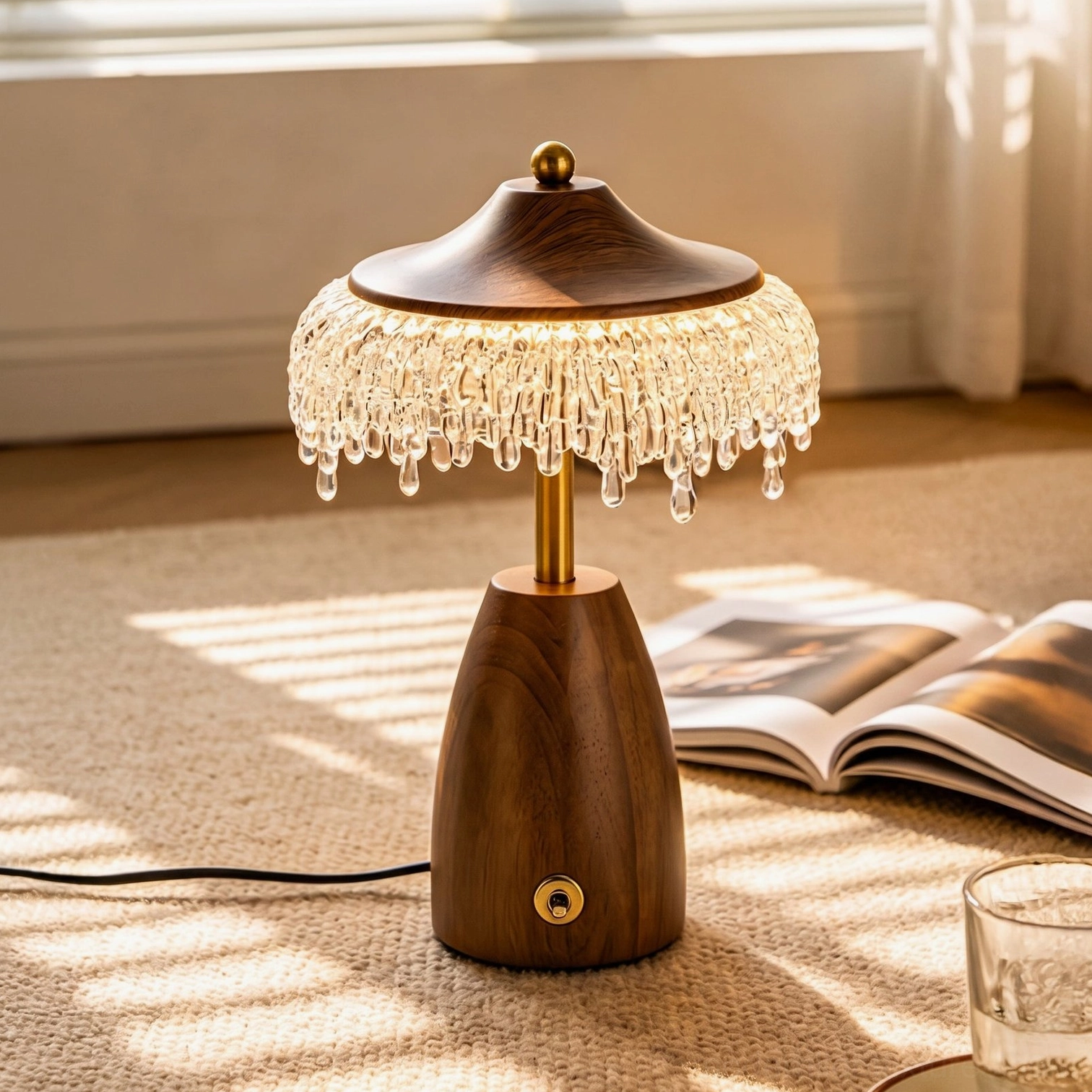 Walnora Mushroom Accent Lamp Casting Warm Glow — Living Room Side Table with Book, Integrated LED Warm White Light
