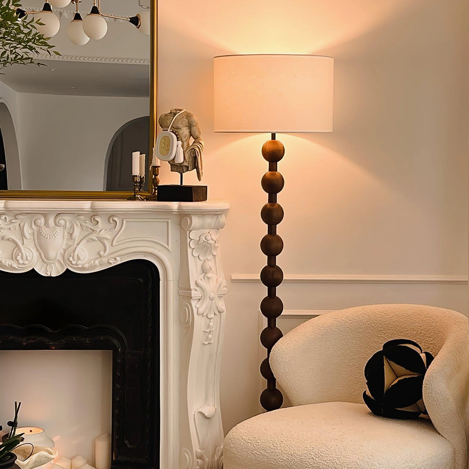 Walnut barbell floor lamp standing tall in minimalist room corner