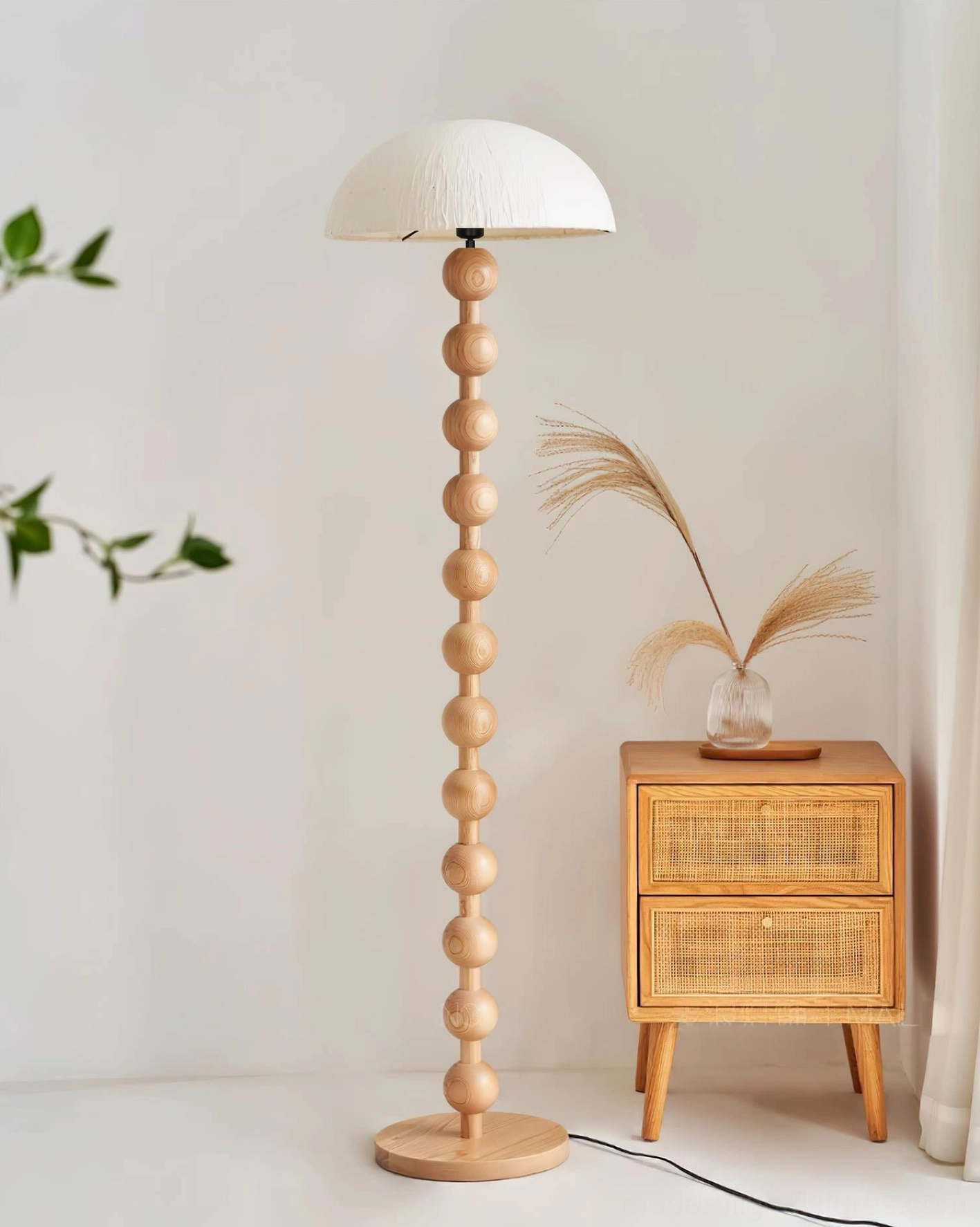 Walnut color beaded floor lamp ambient lighting diffusion rice paper shade