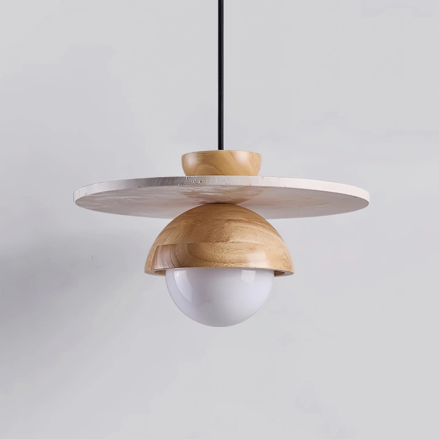 Modern minimalist pendant lamp with walnut wood and beige travertine stone disc design