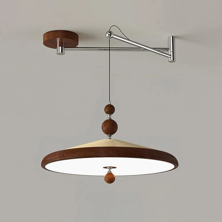 Walnut and beige two-tone adjustable swing arm pendant lamp, modern design with contrasting finish colors and acrylic diffuser shade