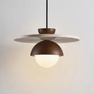 Mid-century modern ceiling pendant with walnut wood and beige travertine stone disc, overhead angle