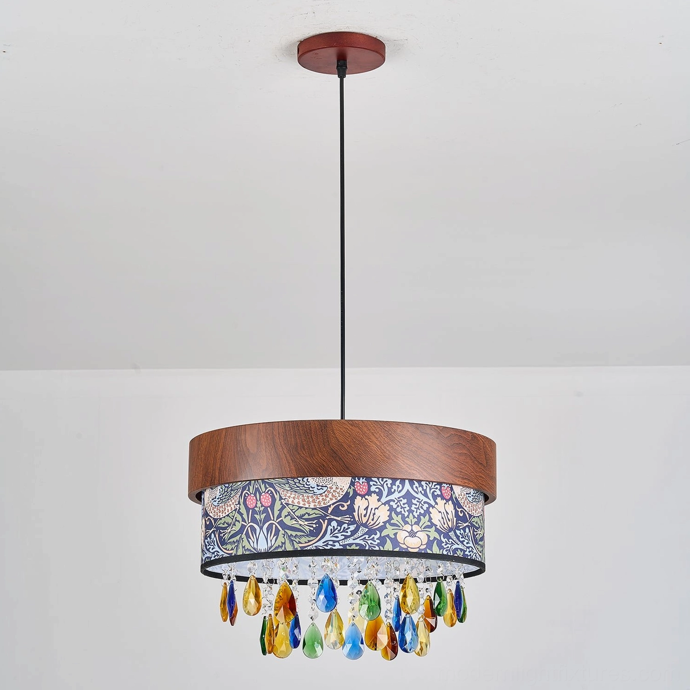 Walnut Botanical Drum Pendant Light 40cm diameter with multicolor crystal drops and deep-blue vintage print