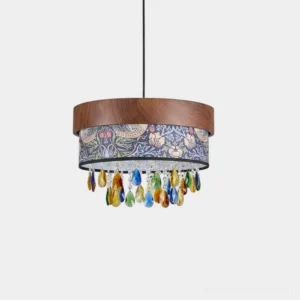Walnut Botanical Drum Pendant Light with multicolor crystal drops, front view on white background