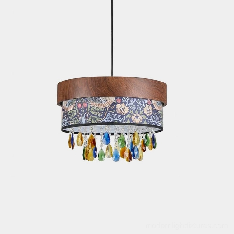 Walnut Botanical Drum Pendant Light with multicolor crystal drops, front view on white background