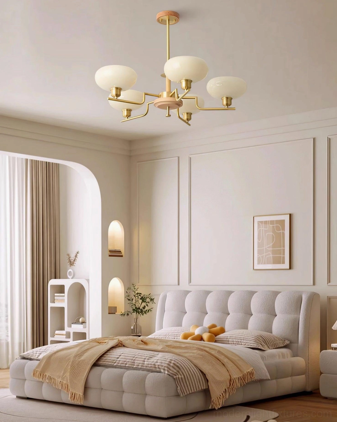 Contemporary glass pendant chandelier with walnut wood accents and warm brass metalwork product detail view
