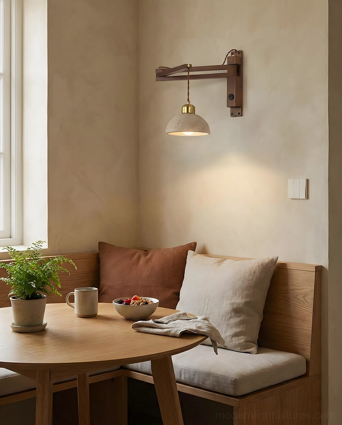 Walnut wood and brass swing arm wall sconce with natural travertine stone shade, mid-century modern lighting fixture