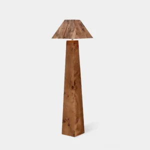 Walnut burl wood tapered floor lamp with pyramid shade, front view on white background