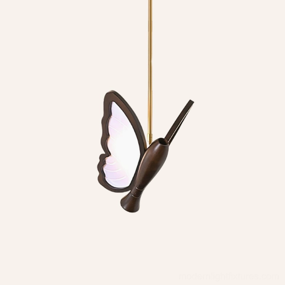 Walnut butterfly pendant lamp complete design view with warm wood tones and sculptural butterfly form