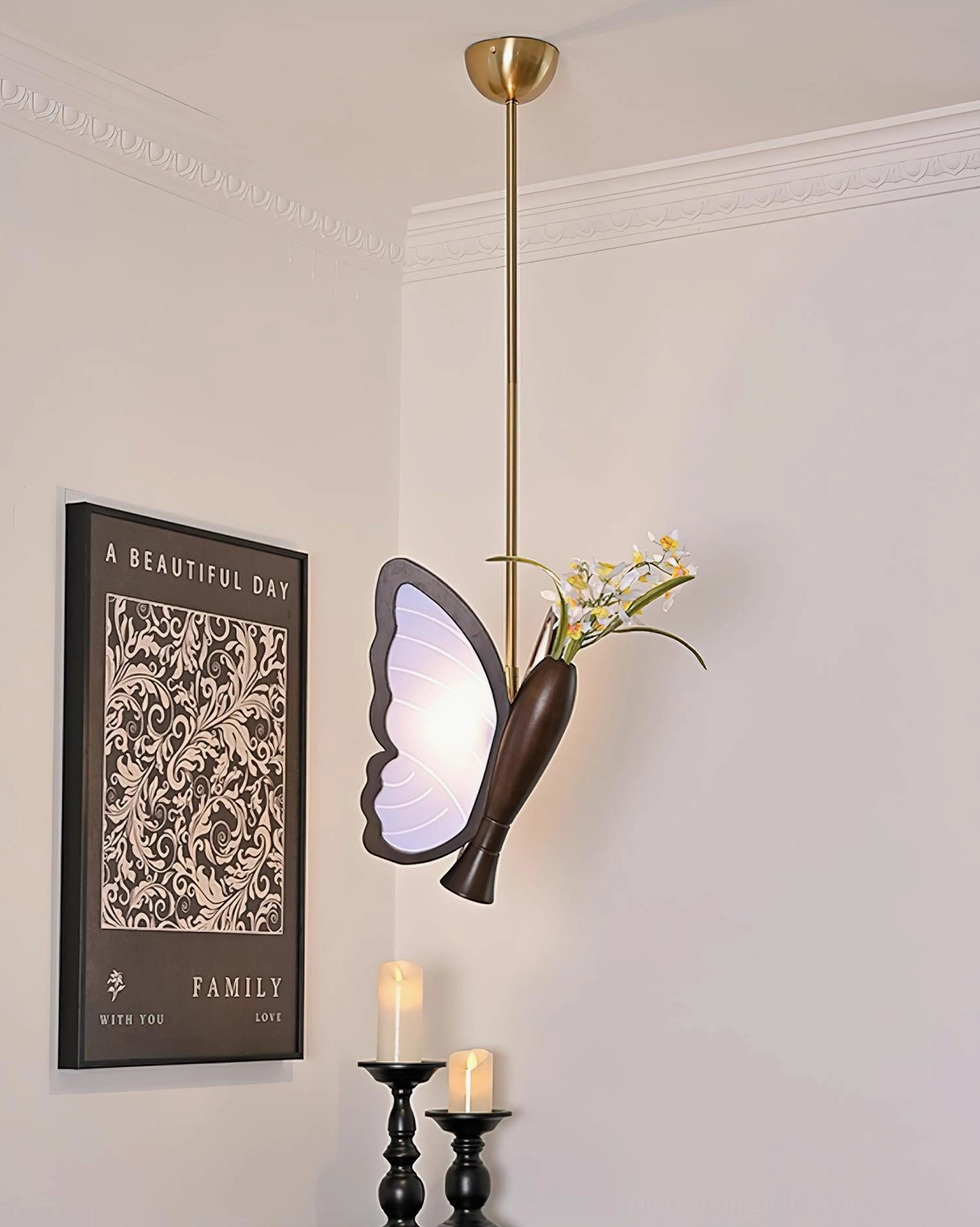 Walnut-colored butterfly pendant lamp with decorative floral elements and warm wood tones in home corner setting