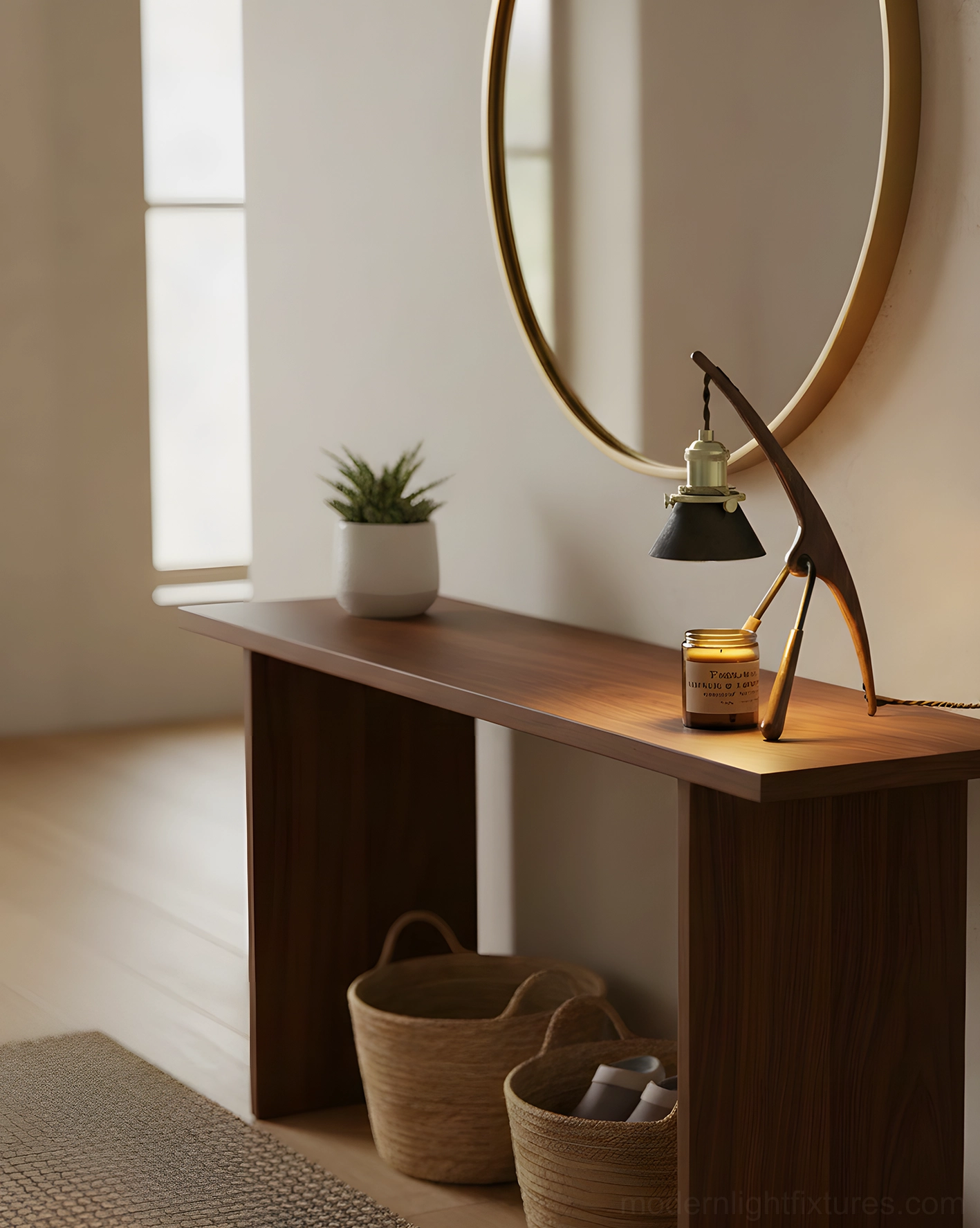 Walnut candle warmer lamp on entryway console table, round mirror, potted plant, woven storage baskets