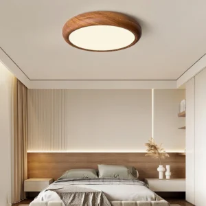 Modern bedroom with walnut wood grain round ceiling light installed above wooden headboard, warm ambient 3000K illumination