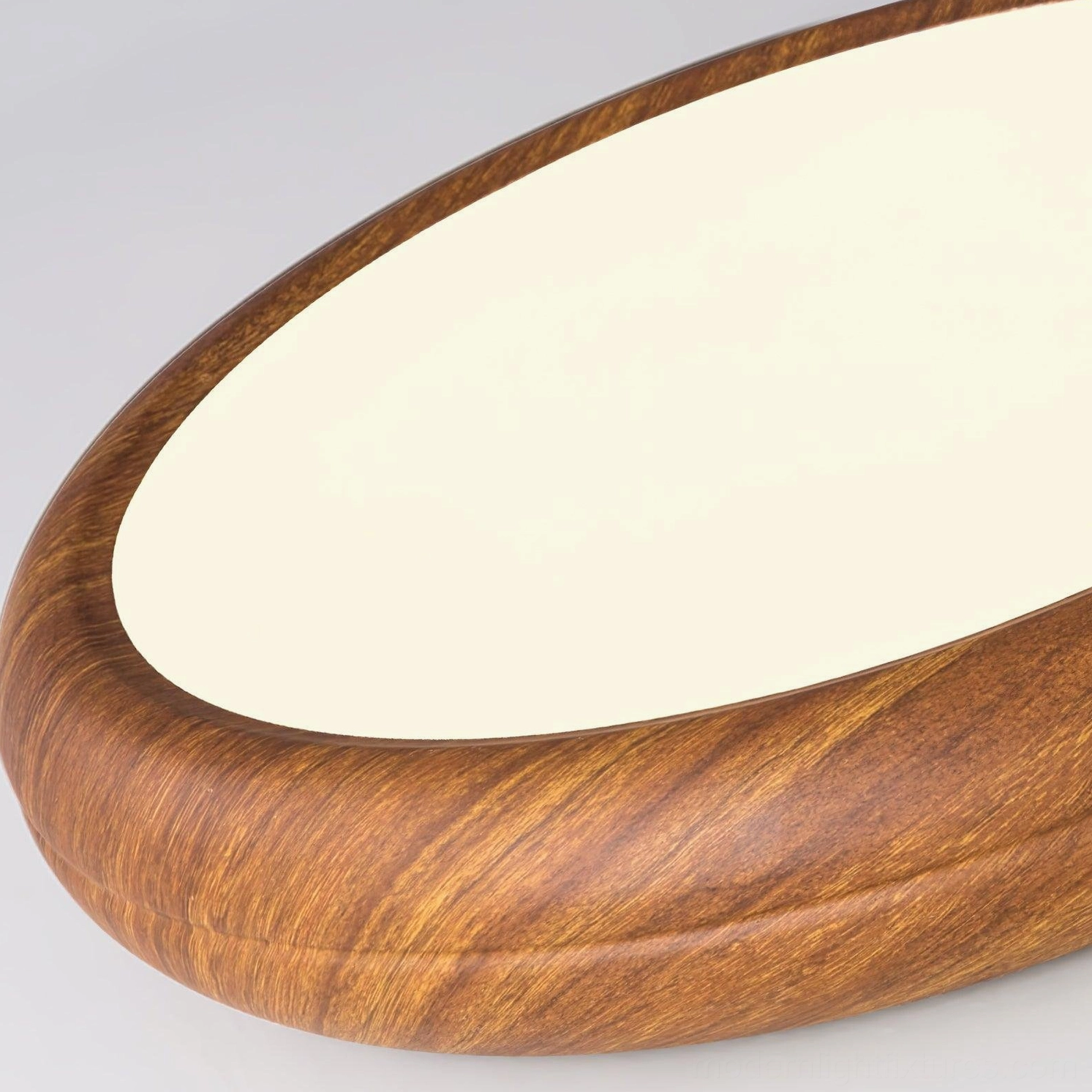 Close-up detail of walnut wood grain round ceiling light, showing curved edge, thick grain, and frosted acrylic diffuser