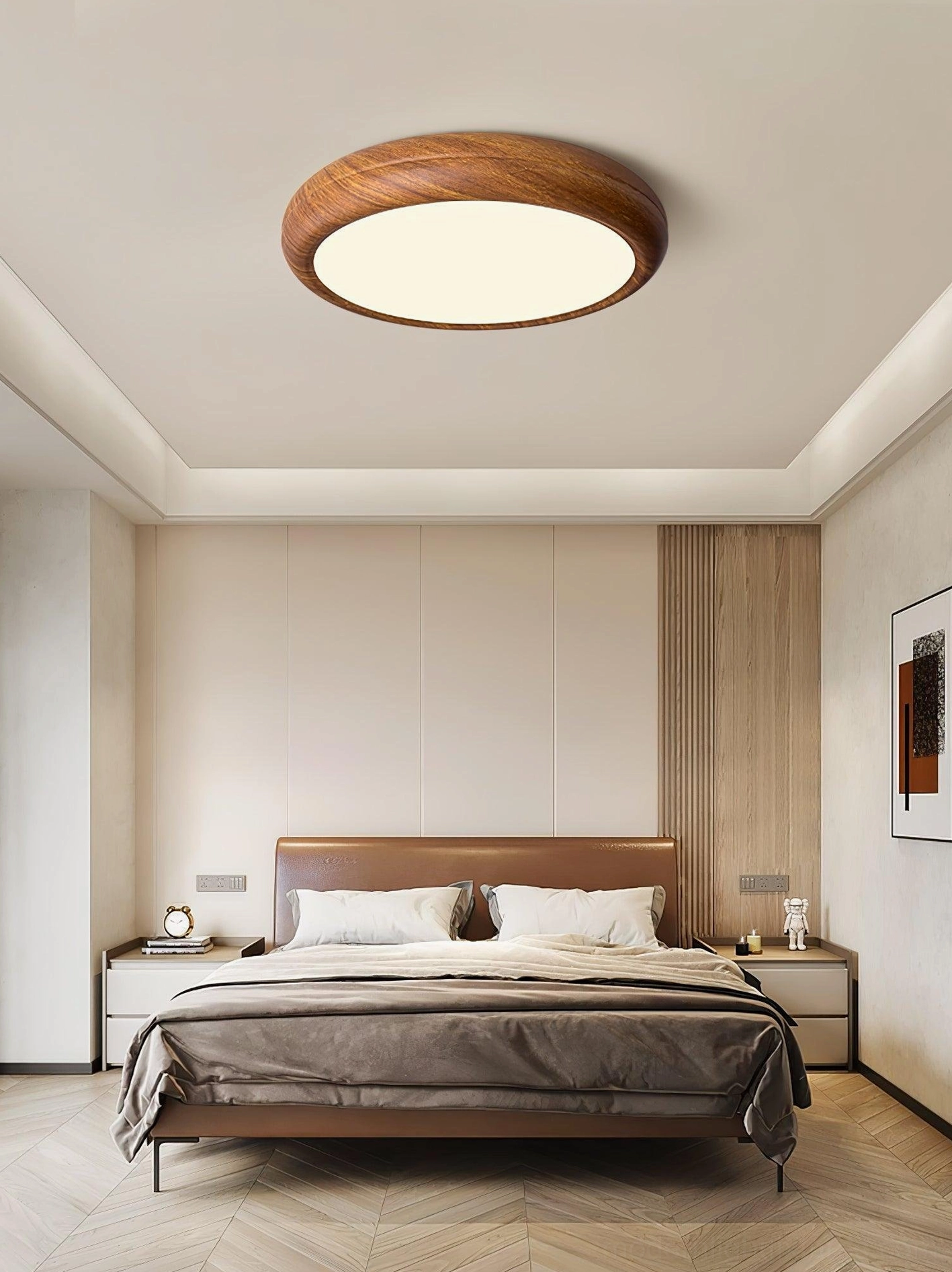 Walnut wood grain round ceiling light fixture in dining room setting, professional lighting design