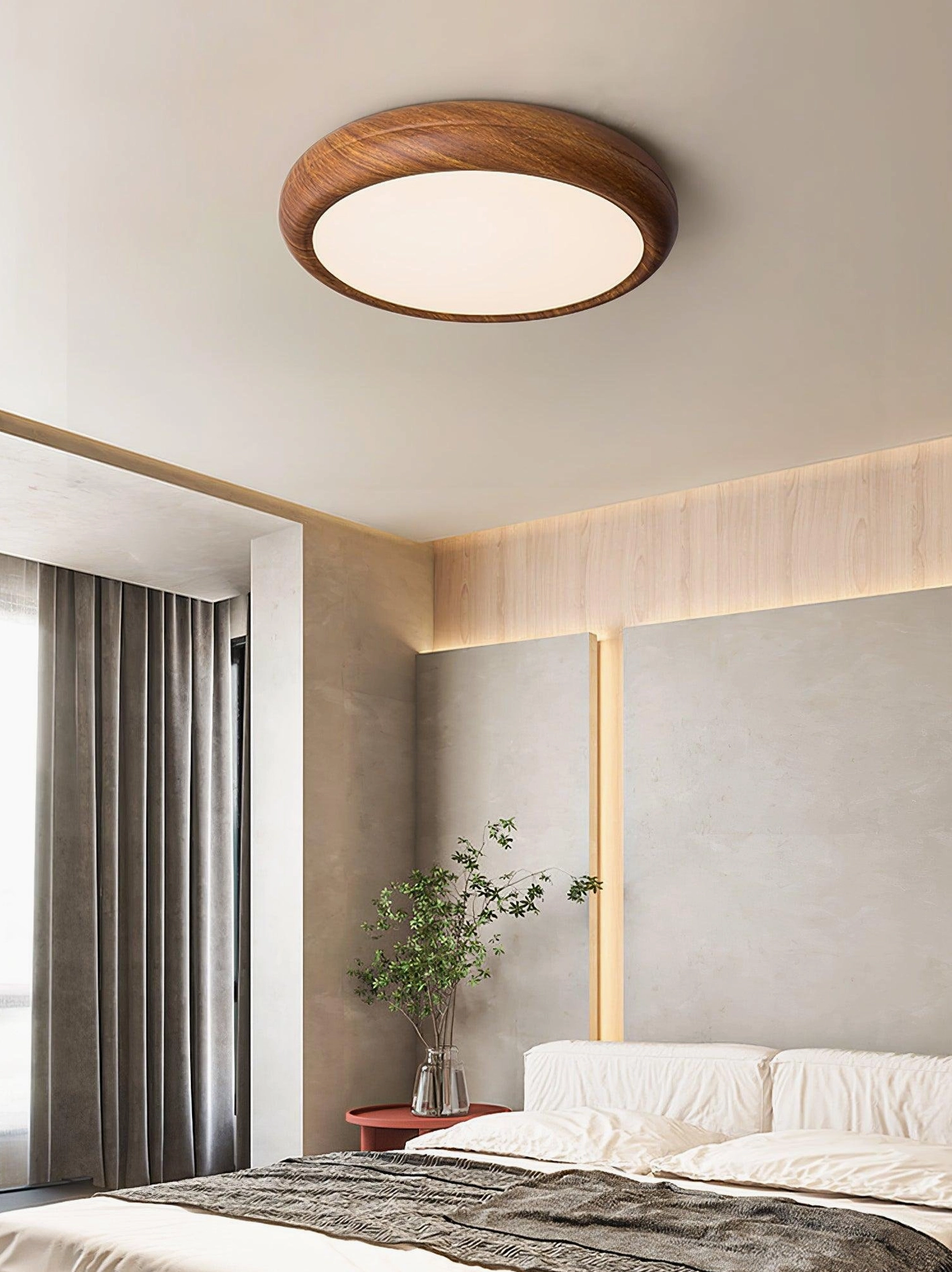 Walnut wood grain ceiling light in hallway connecting multiple rooms, cohesive material language