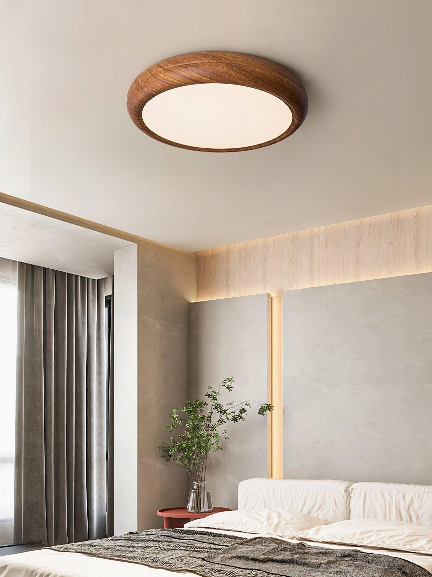 Walnut wood grain ceiling light with metal frame and acrylic diffuser materials, durable construction