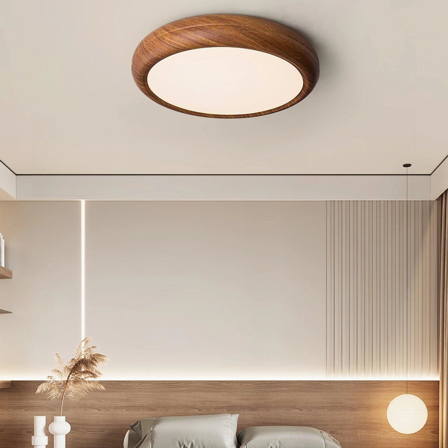 Walnut wood grain round flush mount ceiling light creating material continuity in multi-room homes
