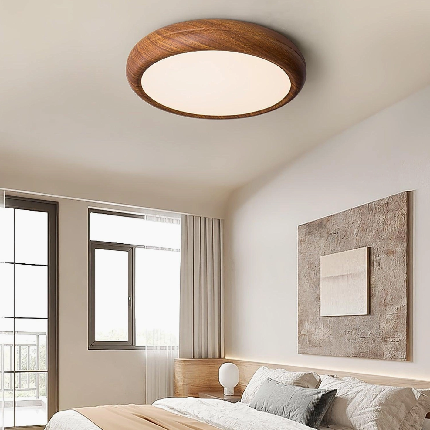 Multiple size options of walnut wood grain ceiling light fixtures showing design versatility