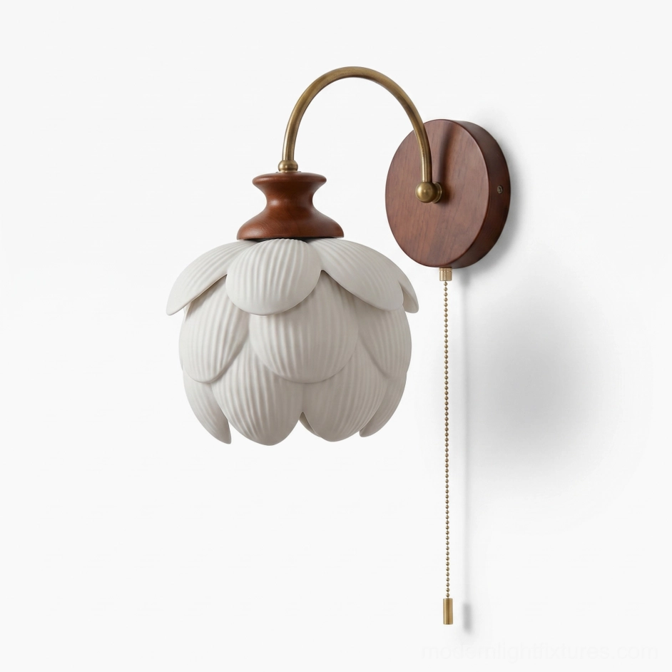 Walnut color variant ceramic lotus wall sconce with white petals and natural wood backplate showing color option