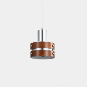 Modern walnut wood and chrome pendant light with cylindrical layered design, front overhead studio view