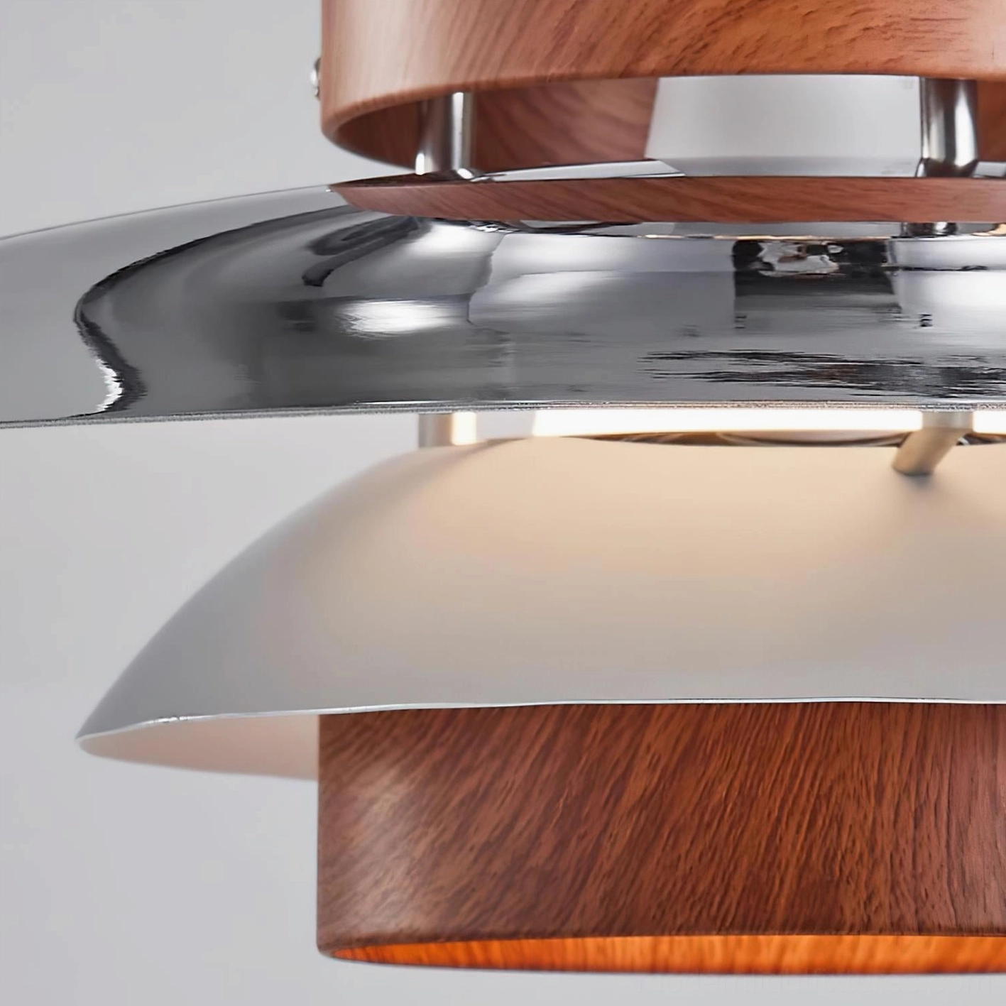 Walnut wood and chrome swing arm pendant light, mid-century modern design