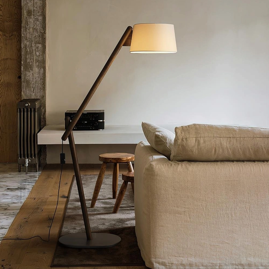 Walnut color cantilever floor lamp showcasing premium wood base and minimalist metal arm structure