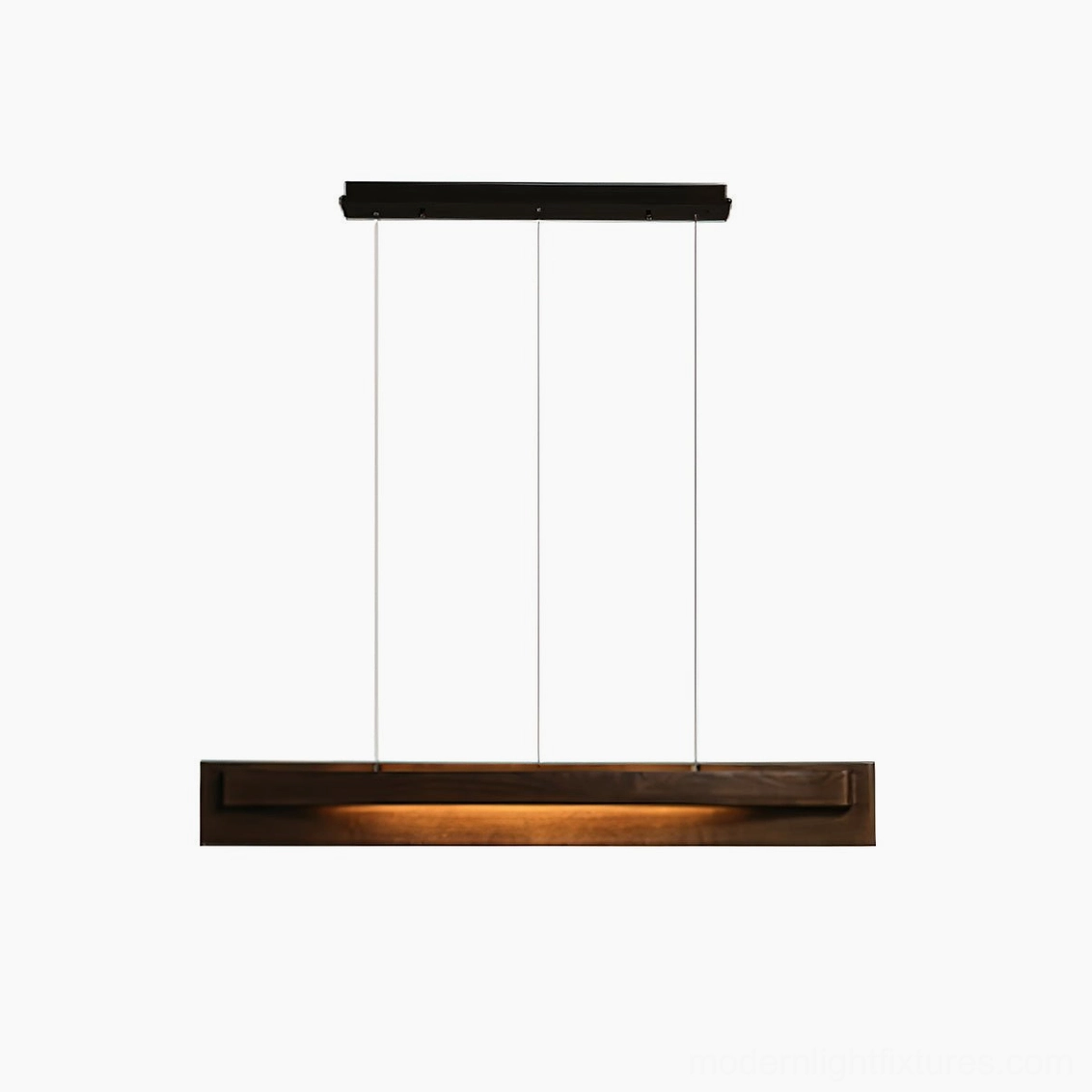 Walnut color linear wood pendant light warm lighting dining space interior