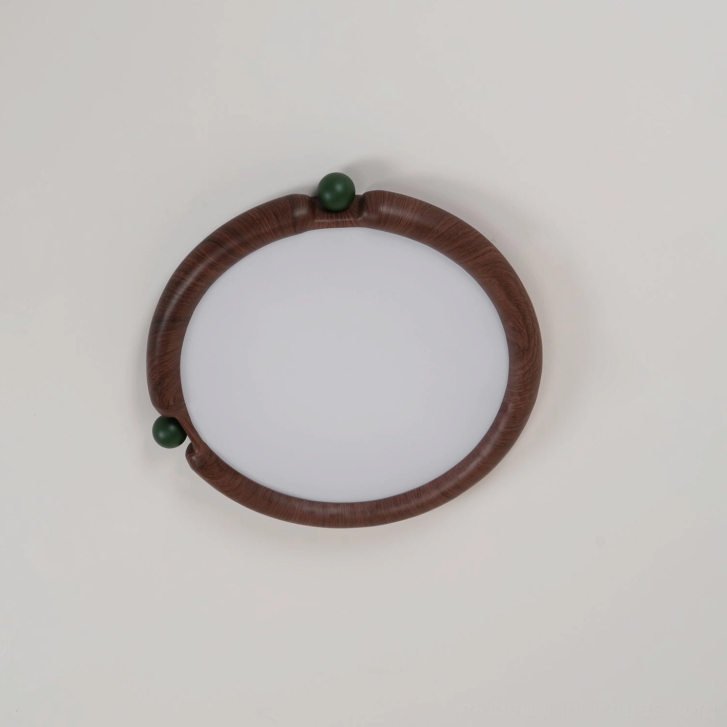 Modern round ceiling light with walnut color finish and green decorative accents