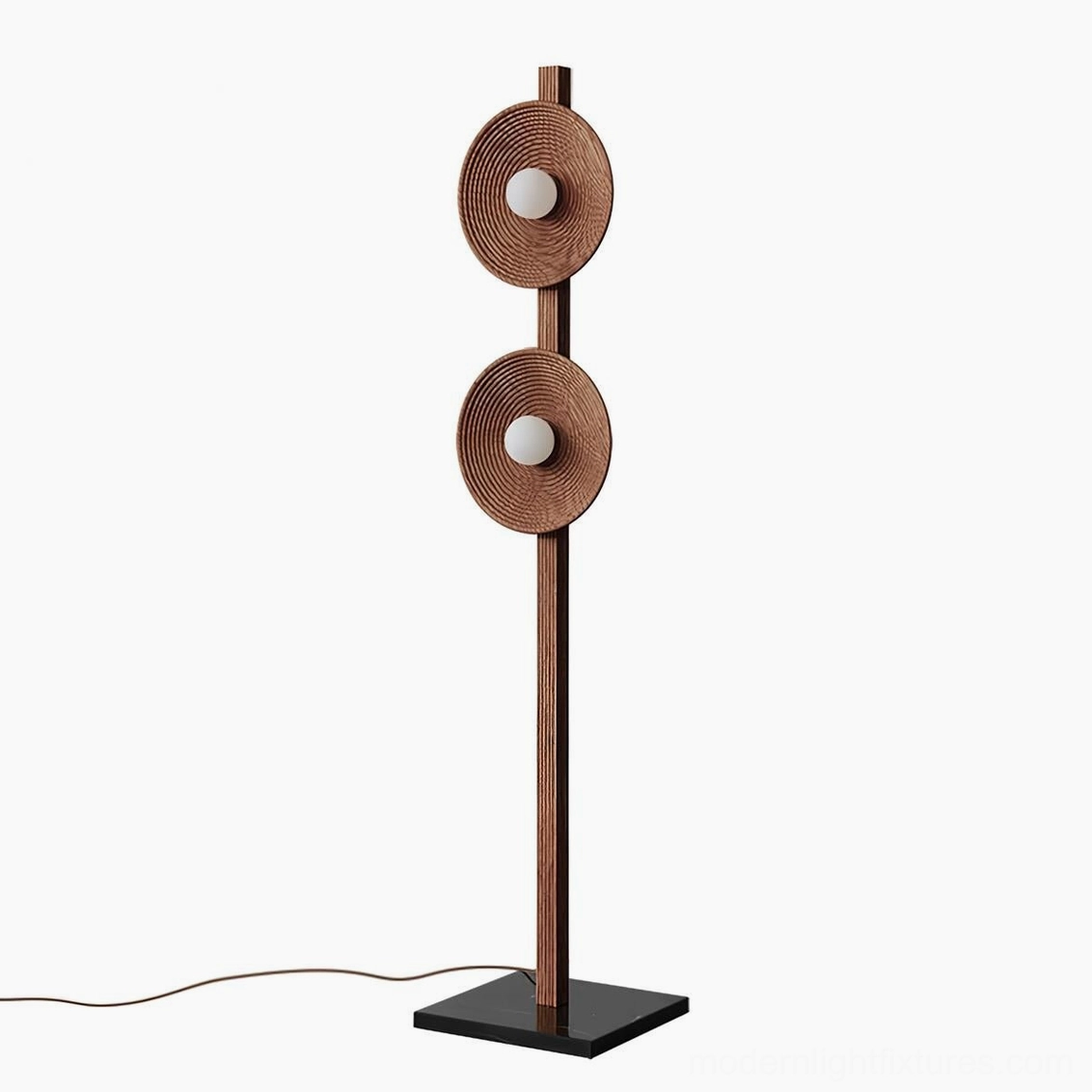 Walnut twin disc floor lamp full product view showcasing warm wood tones and sculptural design