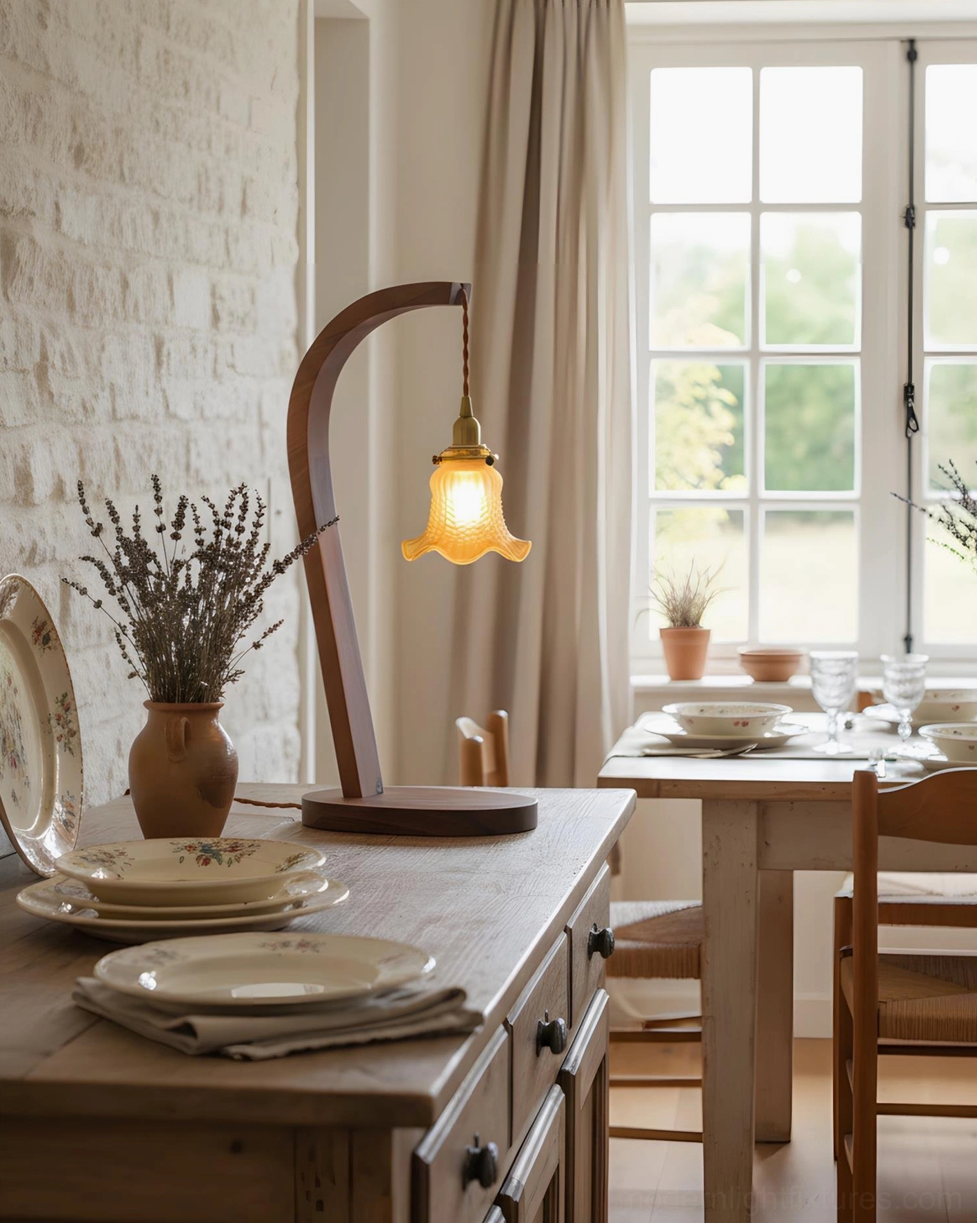 Walnut wood curved stem table lamp with frosted glass shade full product view