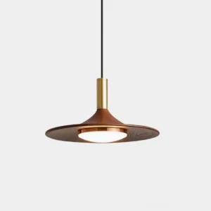 Walnut disc pendant light with gold metal accents, mid-century modern style close-up