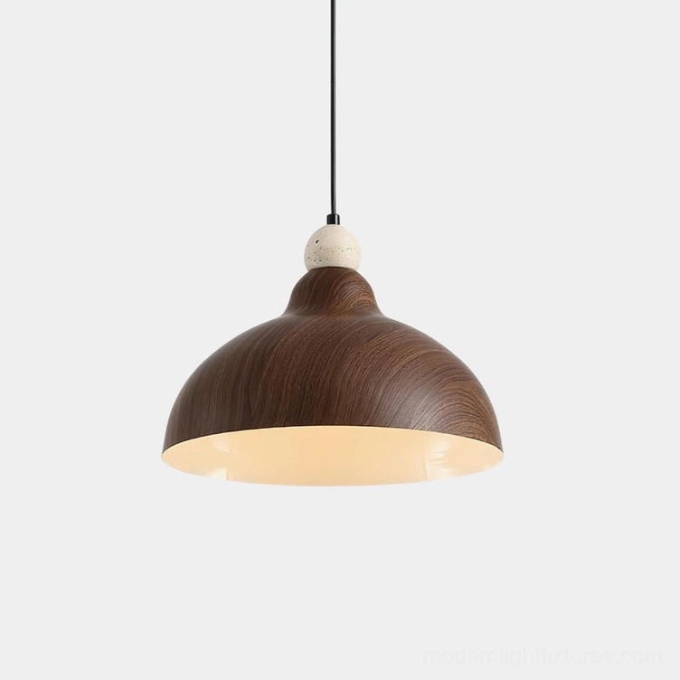 Walnut wood grain metal dome pendant light with travertine stone accent, overhead studio view
