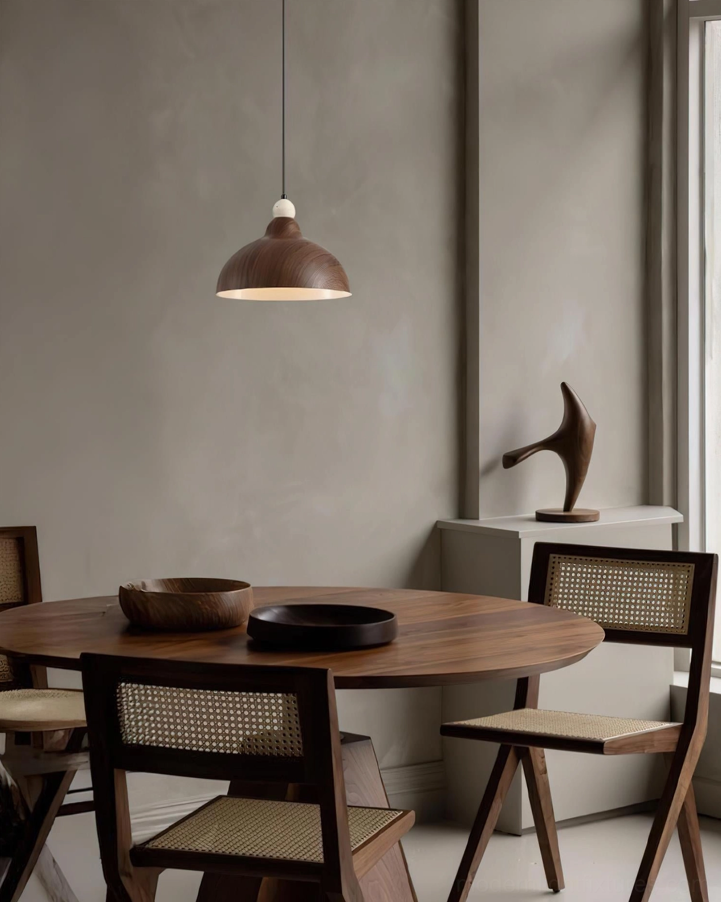 Walnut finish metal dome pendant light with natural stone travertine decorative element