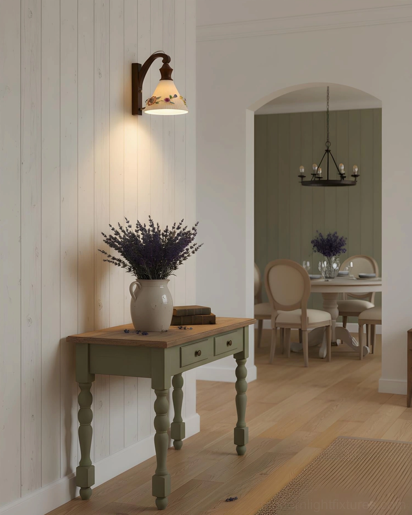 Walnut finish vintage ceramic floral wall sconce with intricate hand-sculpted botanical details