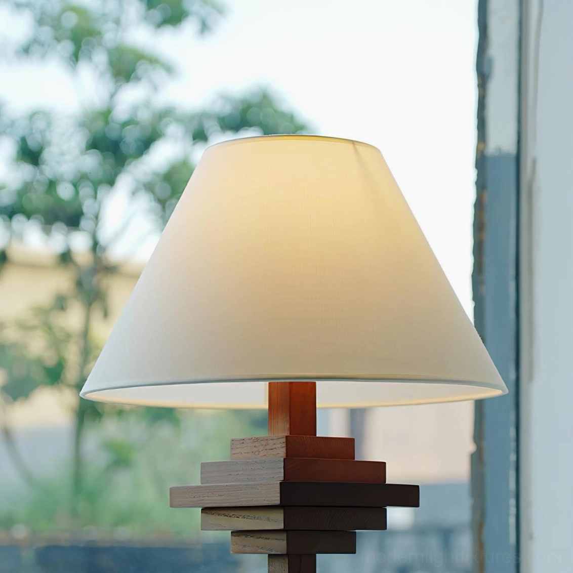 Contemporary wooden tower table lamp walnut finish showcasing modern architectural design and fabric shade illumination
