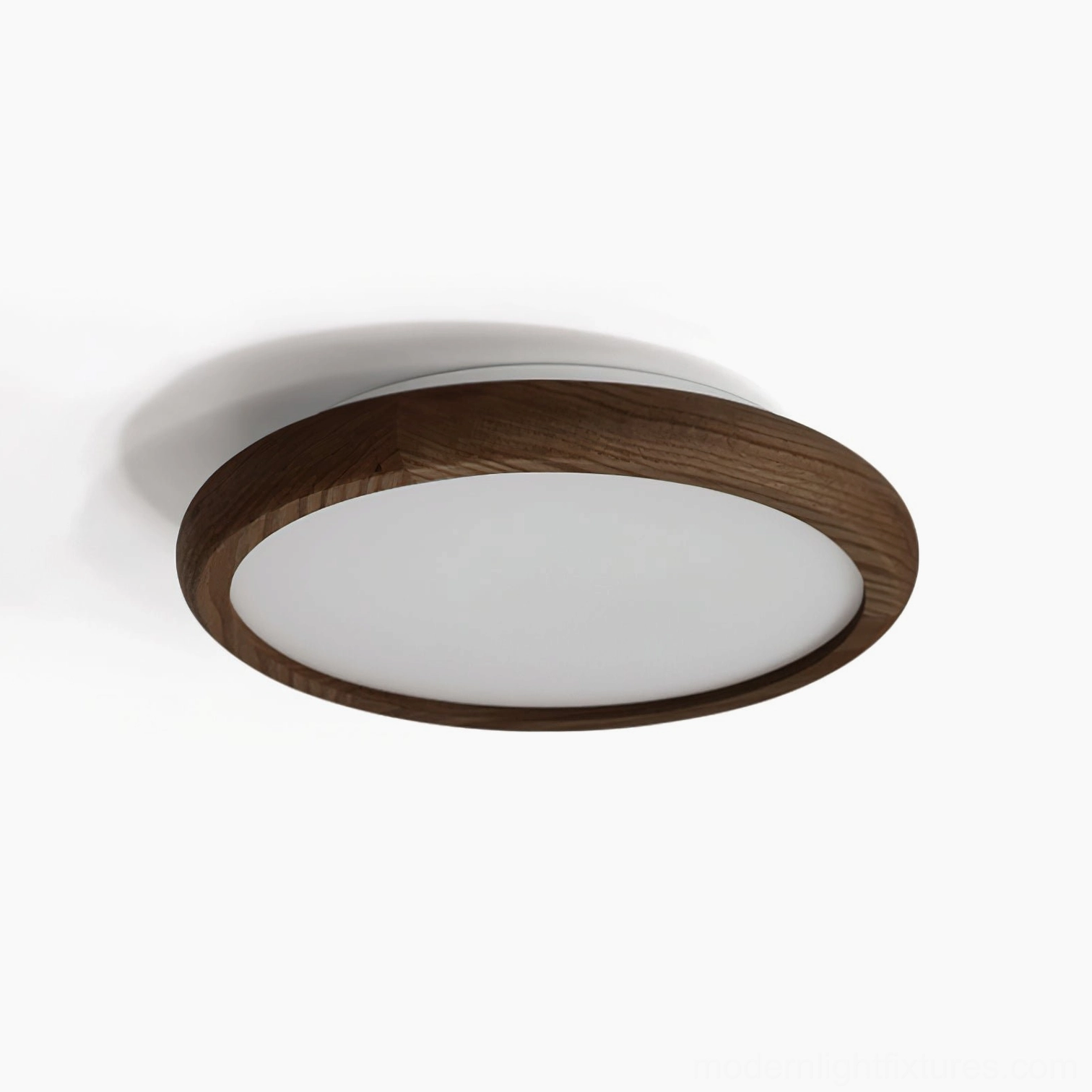 Walnut wood finish Natura ceiling lamp, front studio view showing floral relief detailing and frosted diffuser