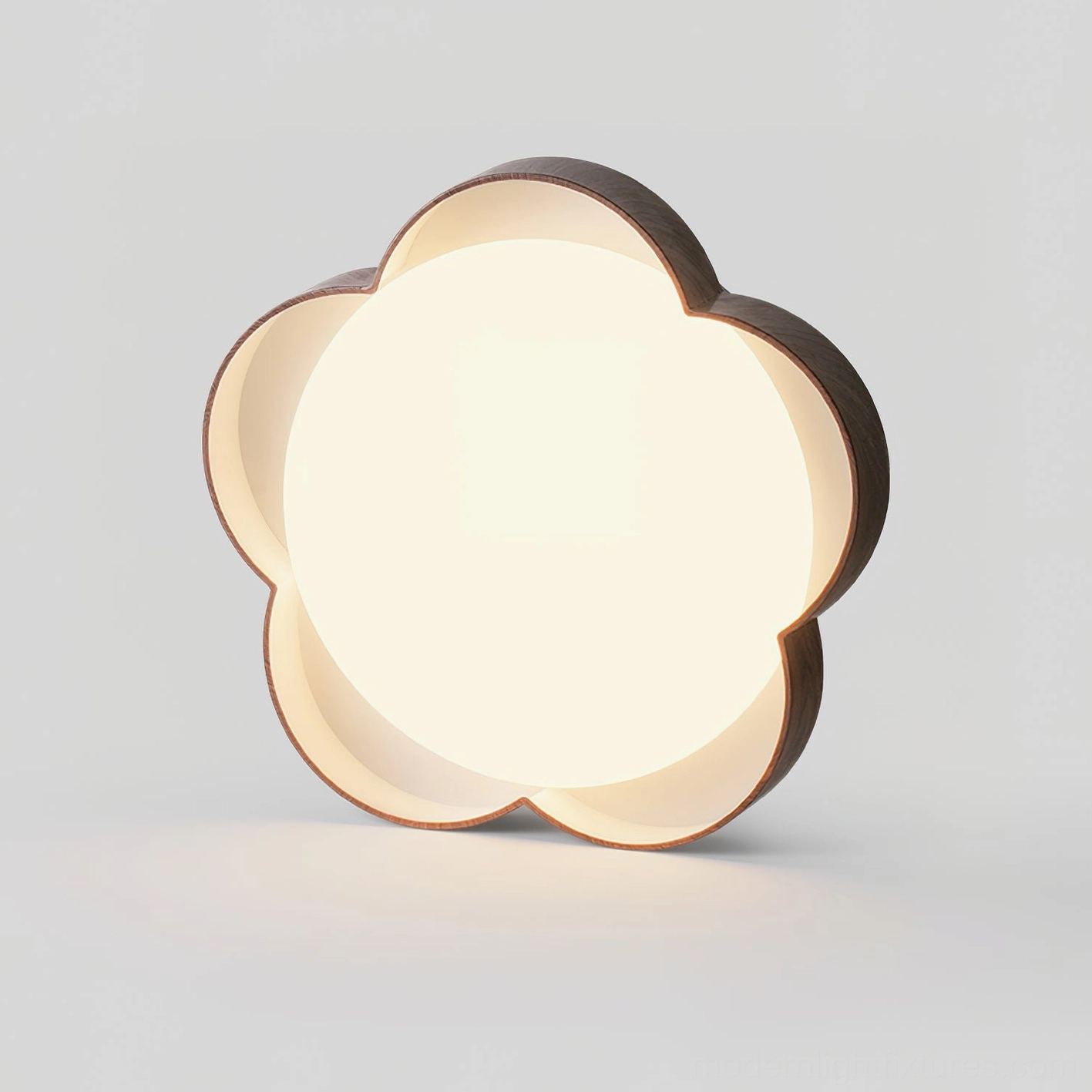 Walnut color flower ceiling light fixture with warm white glow - studio flat lay photography