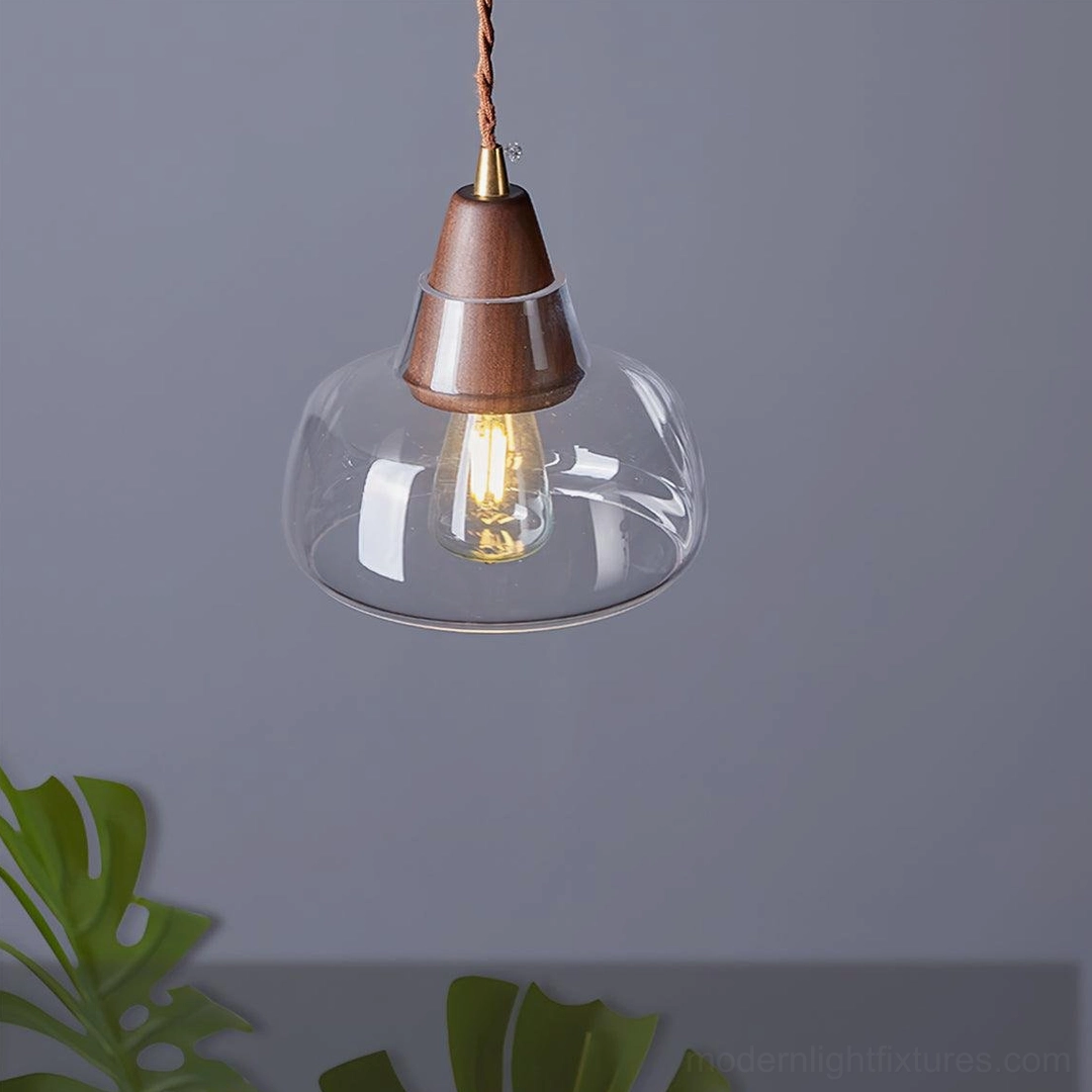Walnut glass pendant light versatile modern hanging lamp compatible with dimmer switches and LED bulbs, adjustable wire