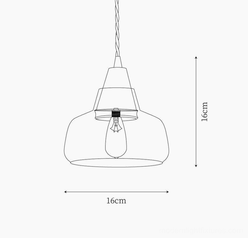 Walnut wood glass pendant light technical schematic diagram showing 16cm dimensions and specifications