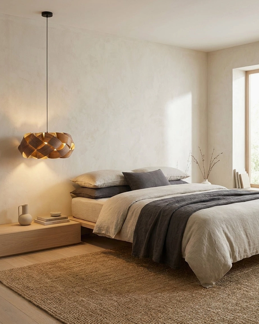 Modern walnut hand-woven pendant light suspended in master bedroom with soft warm ambient illumination