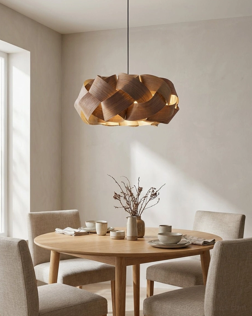 Detailed close-up view of hand-woven walnut wood veneer strips on pendant light donut shade