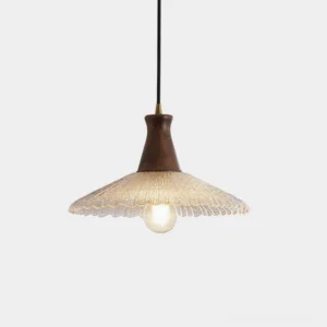 Walnut wood and clear ribbed glass pendant light, front studio view showing minimalist Japandi design
