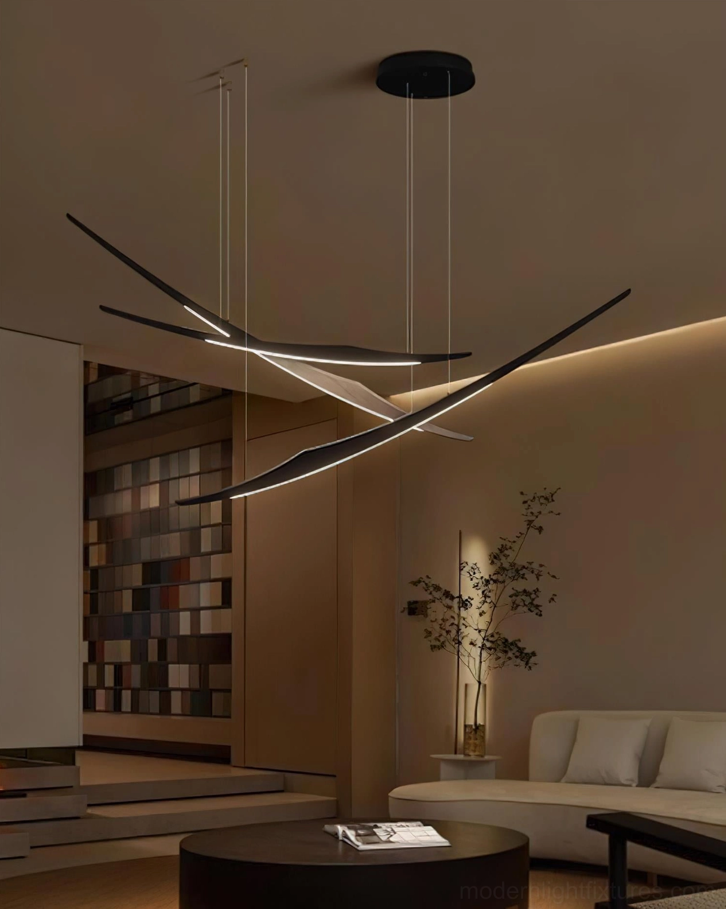 Walnut color kinetic arc pendant light fixture showing warm white LED lighting effect