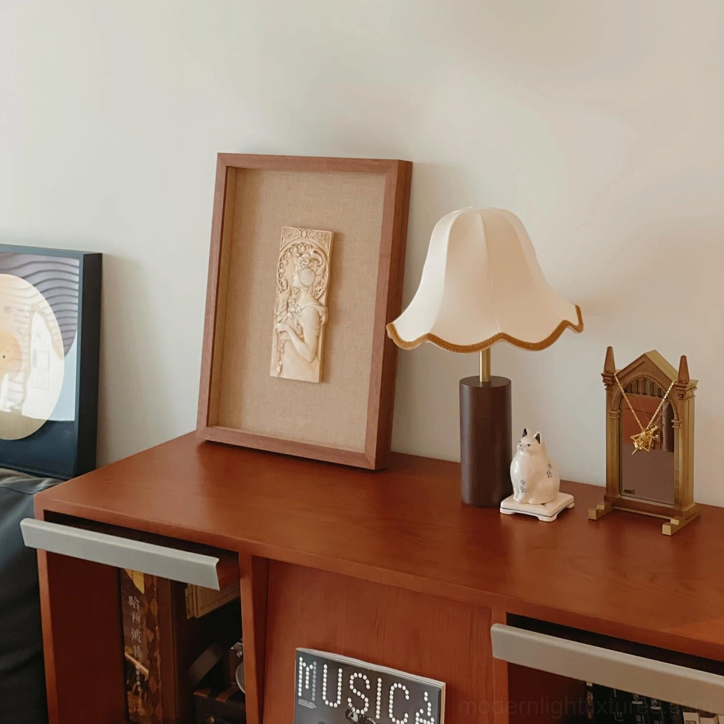Walnut wood table lamp in warm home interior setting demonstrating ambient lighting effect